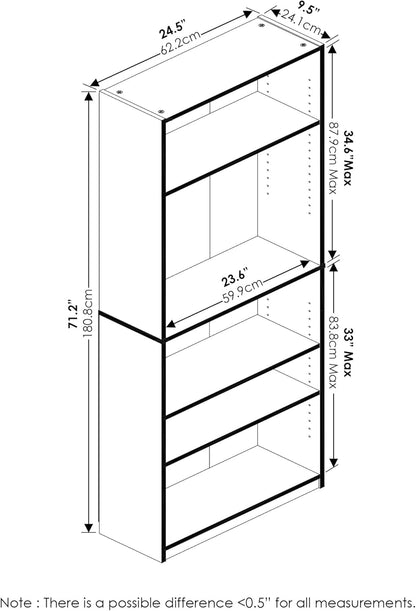 JAYA Book Shelf, 5-Tier Bookshelf, Bookcase with Adjustable Shelves, 9.5 X 24.5 X 71.2, for Organization and Storage, for Living Room, Bedroom, Home Office, White