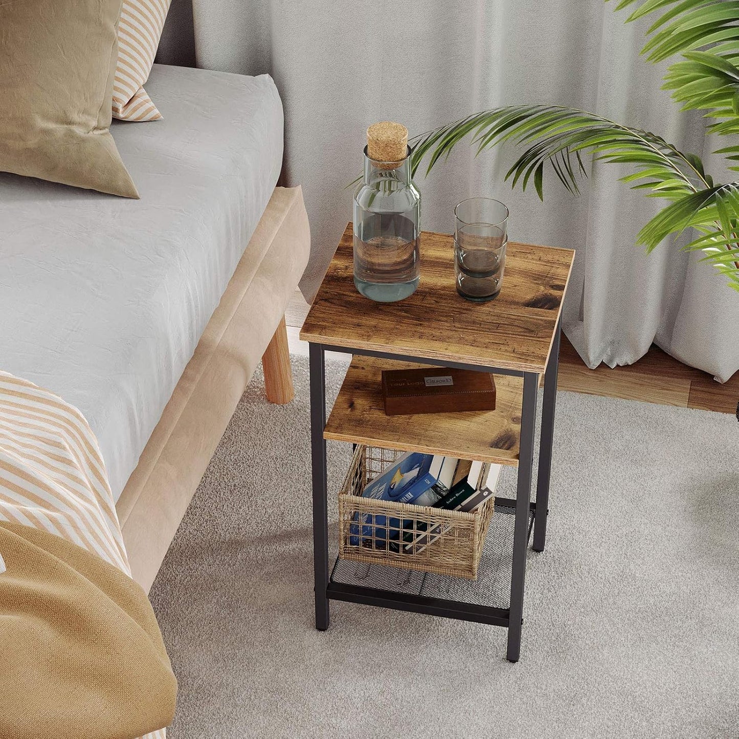 End Table Set of 2, 3-Tier Nightstands, Side Table for Small Space in Living Room, Bedroom, Steel Frame, Easy Assembly, 2-Pack, Chestnut Brown