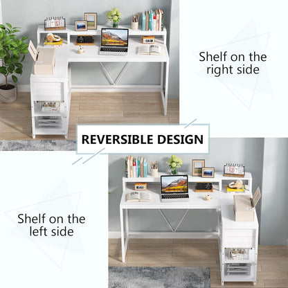 55-Inches Reversible L Shaped Desk with Drawer, Modern White L Corner Desk Home Office Table with Storage Shelves and Monitor Stand, Wooden and Metal PC Desk for Small Space