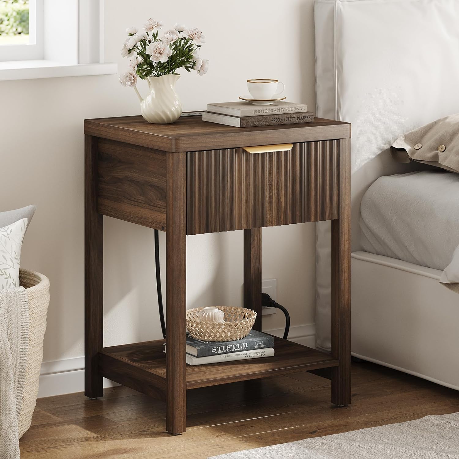 Night Stand Set 2, Fluted Nightstand with Charging Station, Wood Modern Bedside End Table with Storage Drawer for Bedroom, save Space (Set of 2, Walnut)