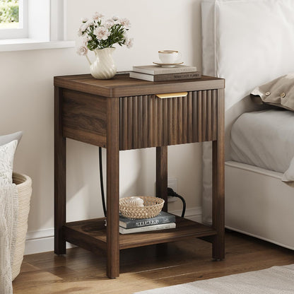Night Stand Set 2, Fluted Nightstand with Charging Station, Wood Modern Bedside End Table with Storage Drawer for Bedroom, save Space (Set of 2, Walnut)