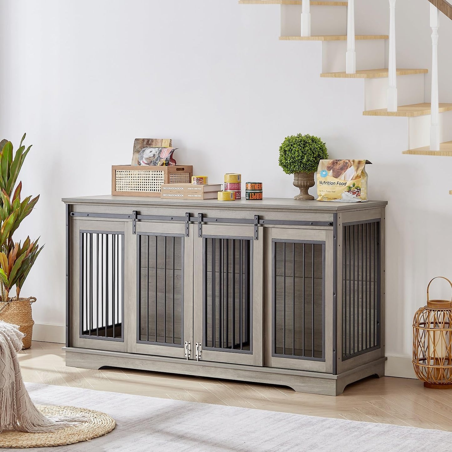 Large Dog Crate Furniture with Sliding Barn Door, 66'' Wooden Dog Kennel Indoor Pet Crate with Drawer and Divider, TV Stand XXL Dog Crate for Large Dog or 2 Medium Dogs, White