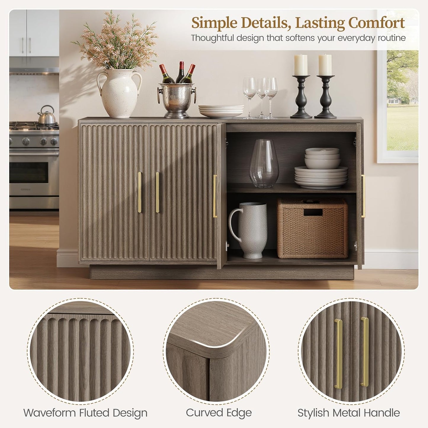 55" Modern Fluted Sideboard Buffet Cabinet, Space-Saving Storage Credenza for Home Coffee Bar, 4-Door Accent Furniture with Adjustable Shelves for Clutter-Free Living (Brown Gray)