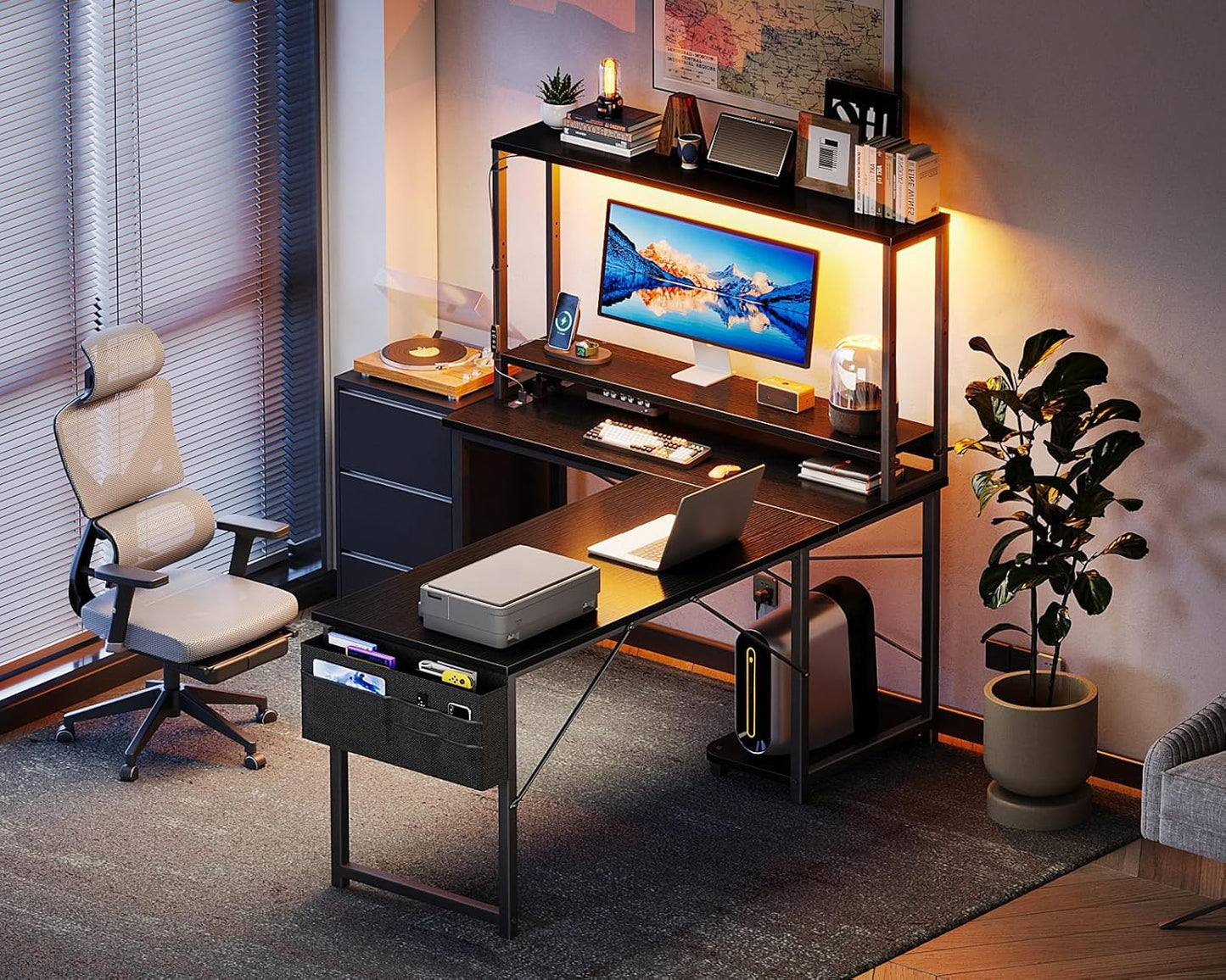 L Shaped Desk Gaming Desk with LED Light & Power Outlet, 53 Inch Reversible L Shaped Computer Table with Shelf & Storage Bag & Hook for Home Office, Black