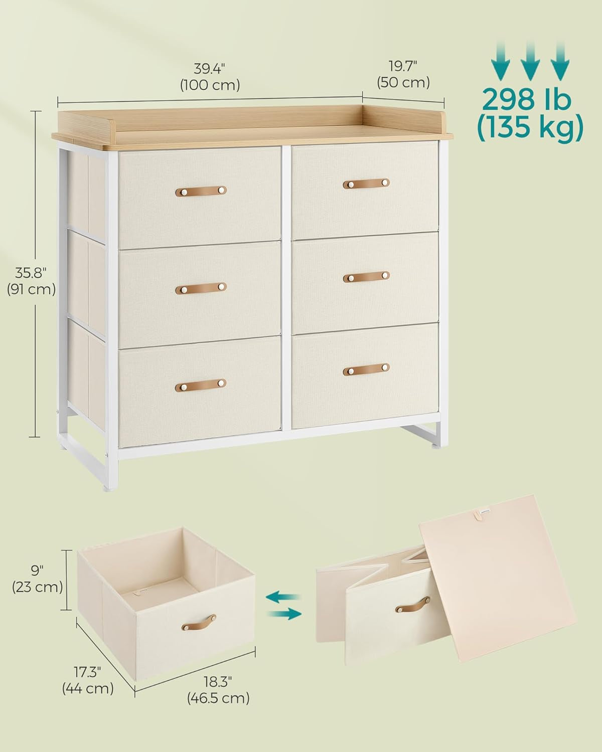 Kids Dresser with 6 Drawers, Boys Girls Dresser, with Water-Resistant Tabletop, Storage Organizer Cabinet, for Bedroom Hallway, Beige UGKR101K01