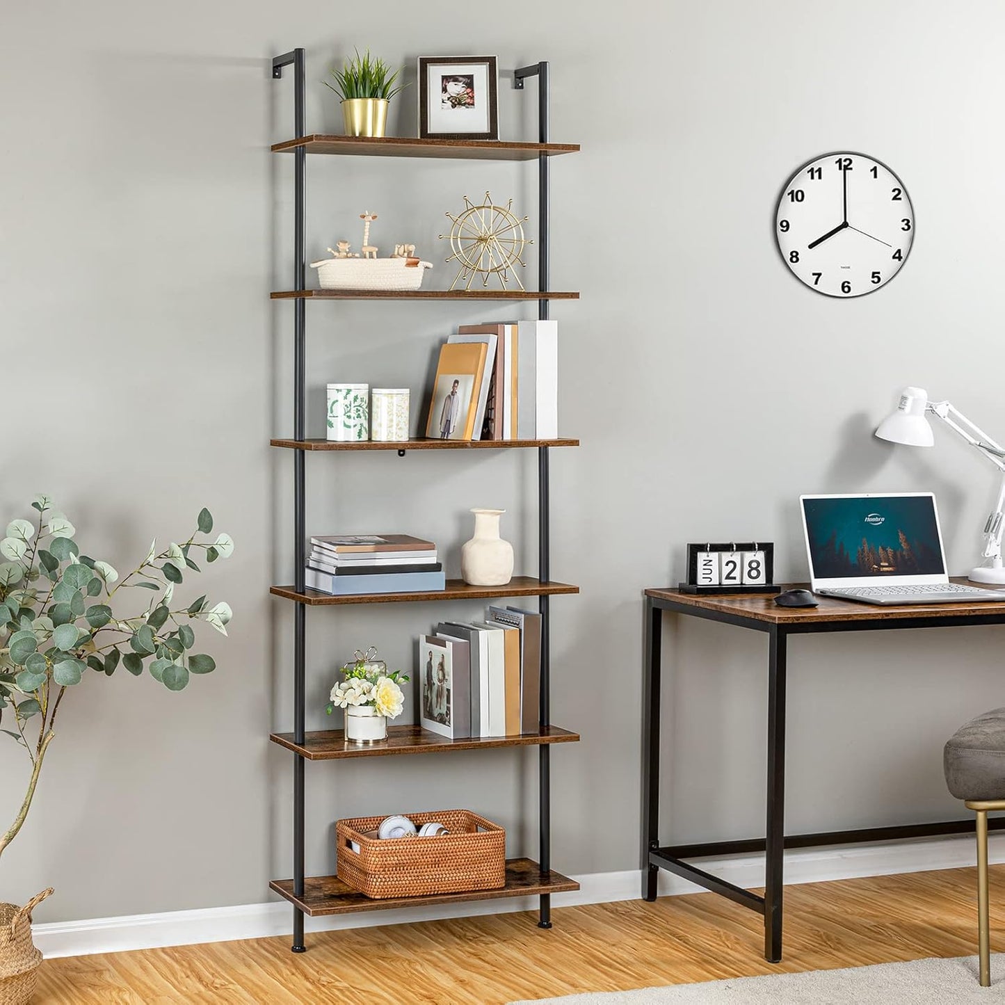 DIY Ladder Shelf, 6-Tier Wall Mounted Bookshelf, Office Vertical Bookcase, Wooden Storage Shelves for Home Office, Bedroom, Rustic Brown and Black BF65CJ01
