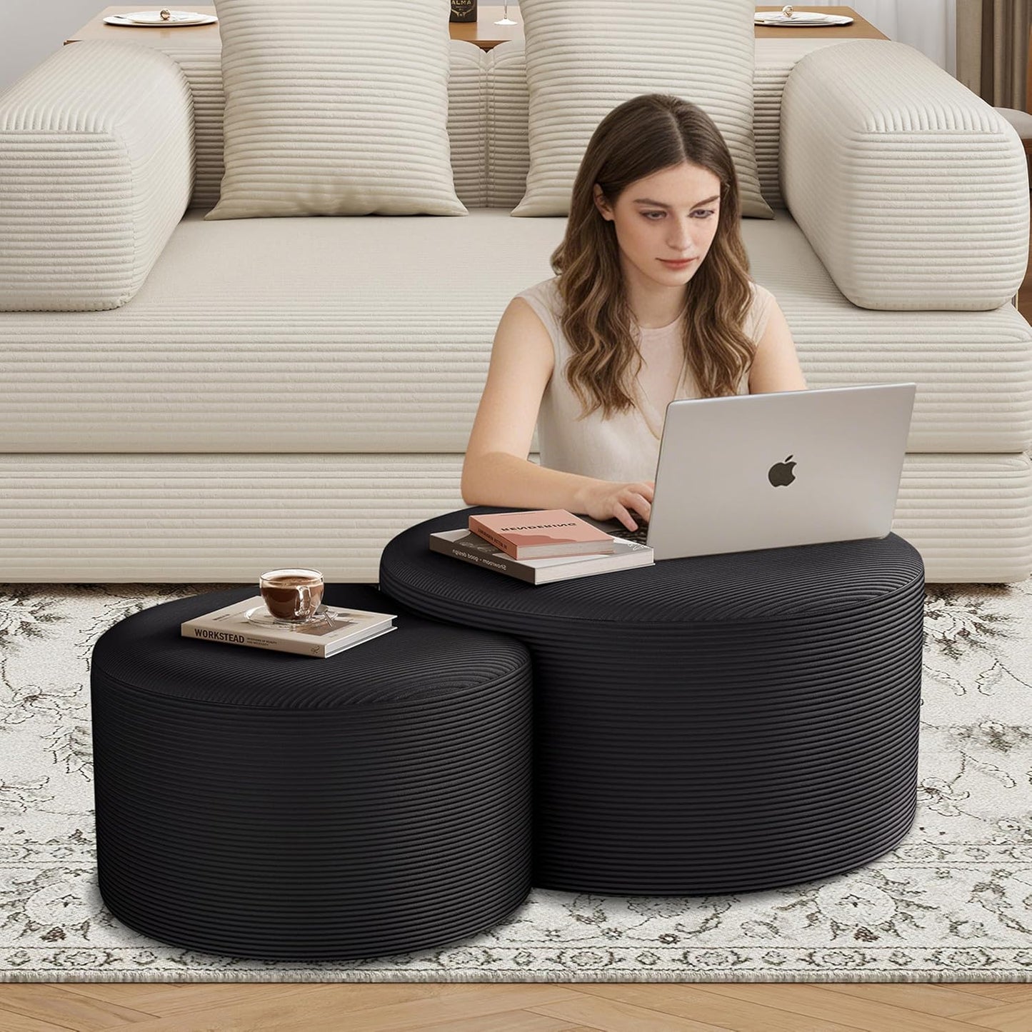Nesting Coffee Table Set of 2, Upholstered round Corduroy Circle Foam round Side Table for Living Room, Entryway Set, 32"+17" Footrest No Assembly (Black, 32"+17")