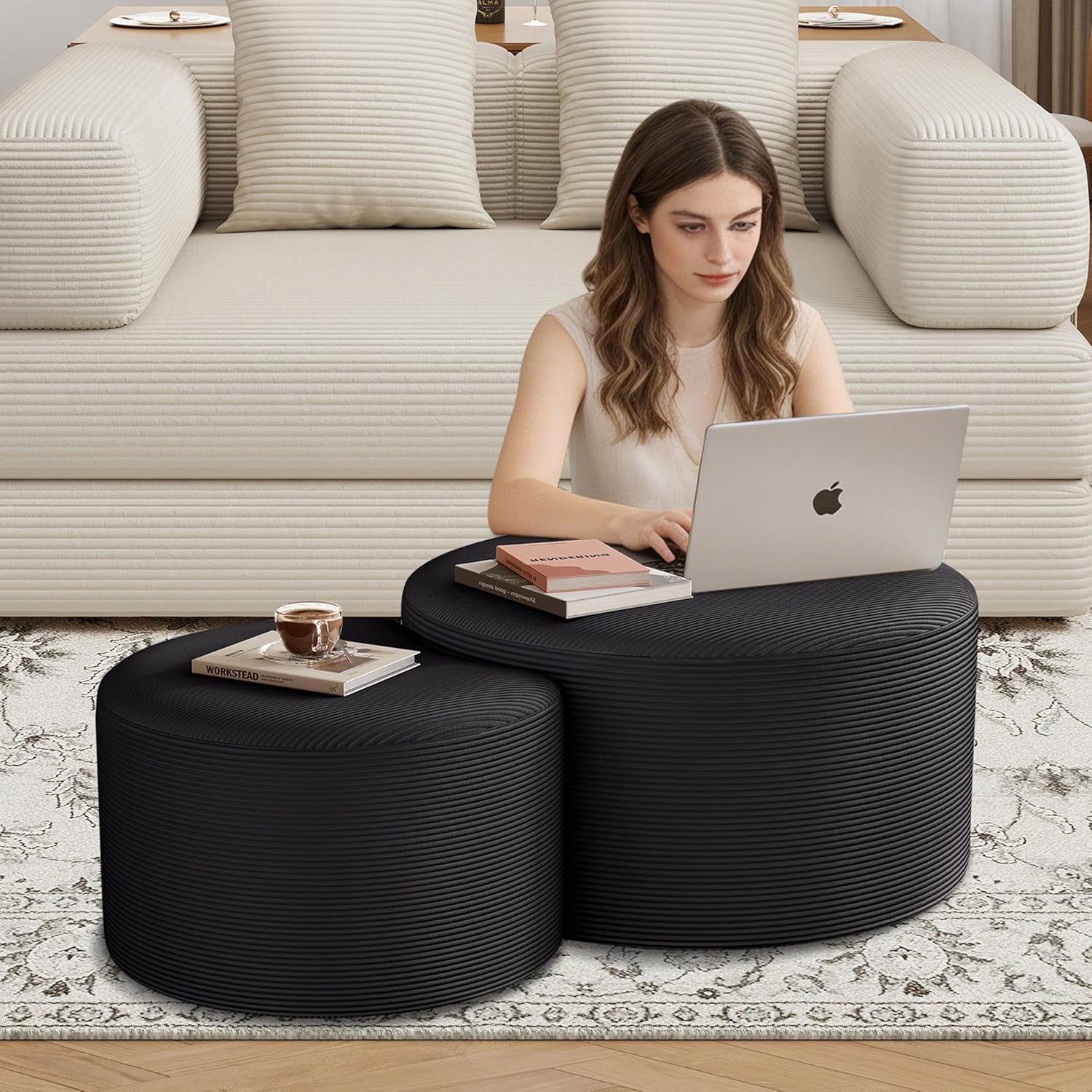Nesting Coffee Table Set of 2, Upholstered round Corduroy Circle Foam round Side Table for Living Room, Entryway Set, 32"+17" Footrest No Assembly (Black, 32"+17")