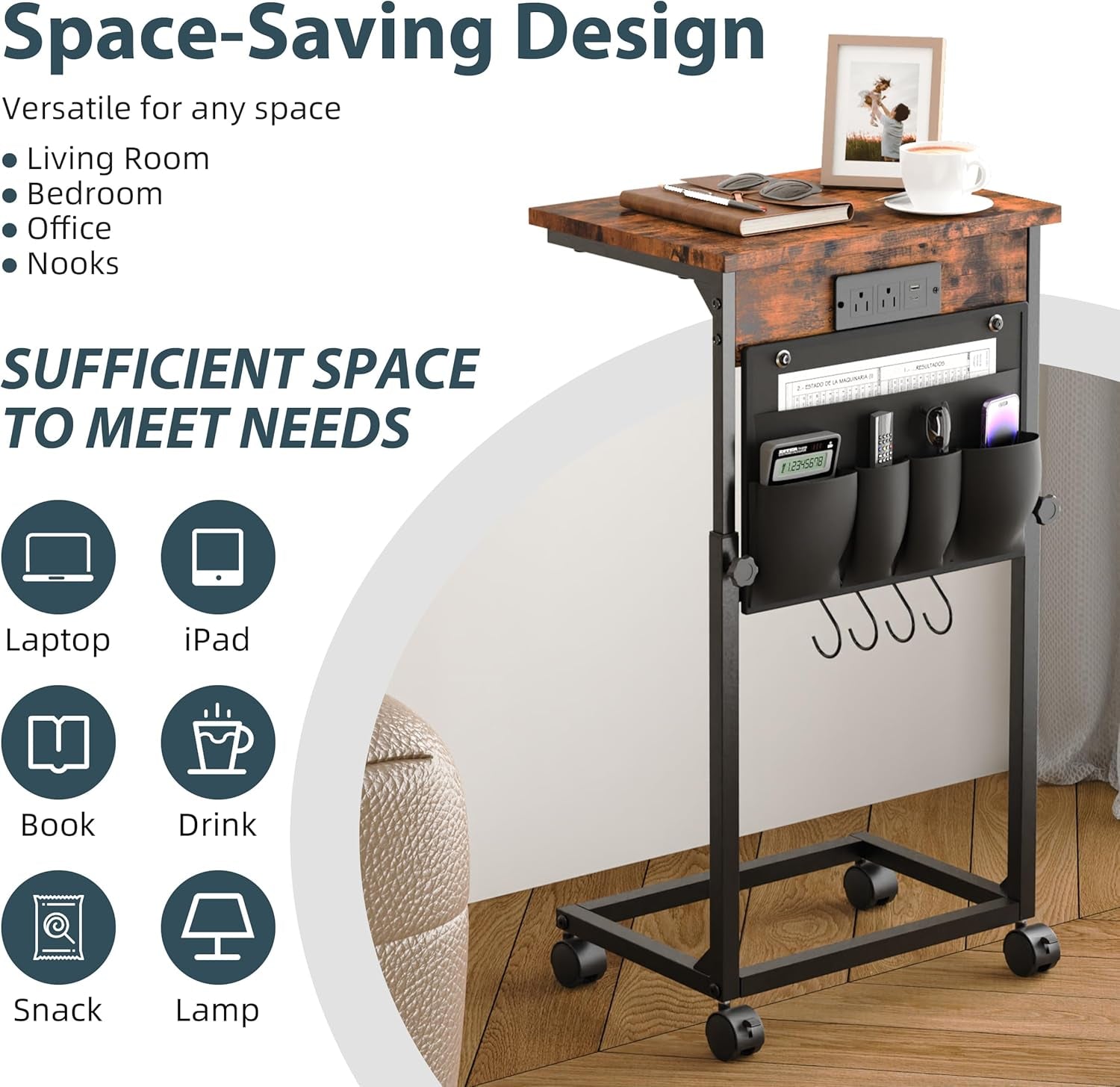 Adjustable Height Couch Table with USB-C Charging Station & Pocket Storage – Compact Couch Stand with Hooks & Wheels for Small Spaces & Living Room, Adjustable C Table