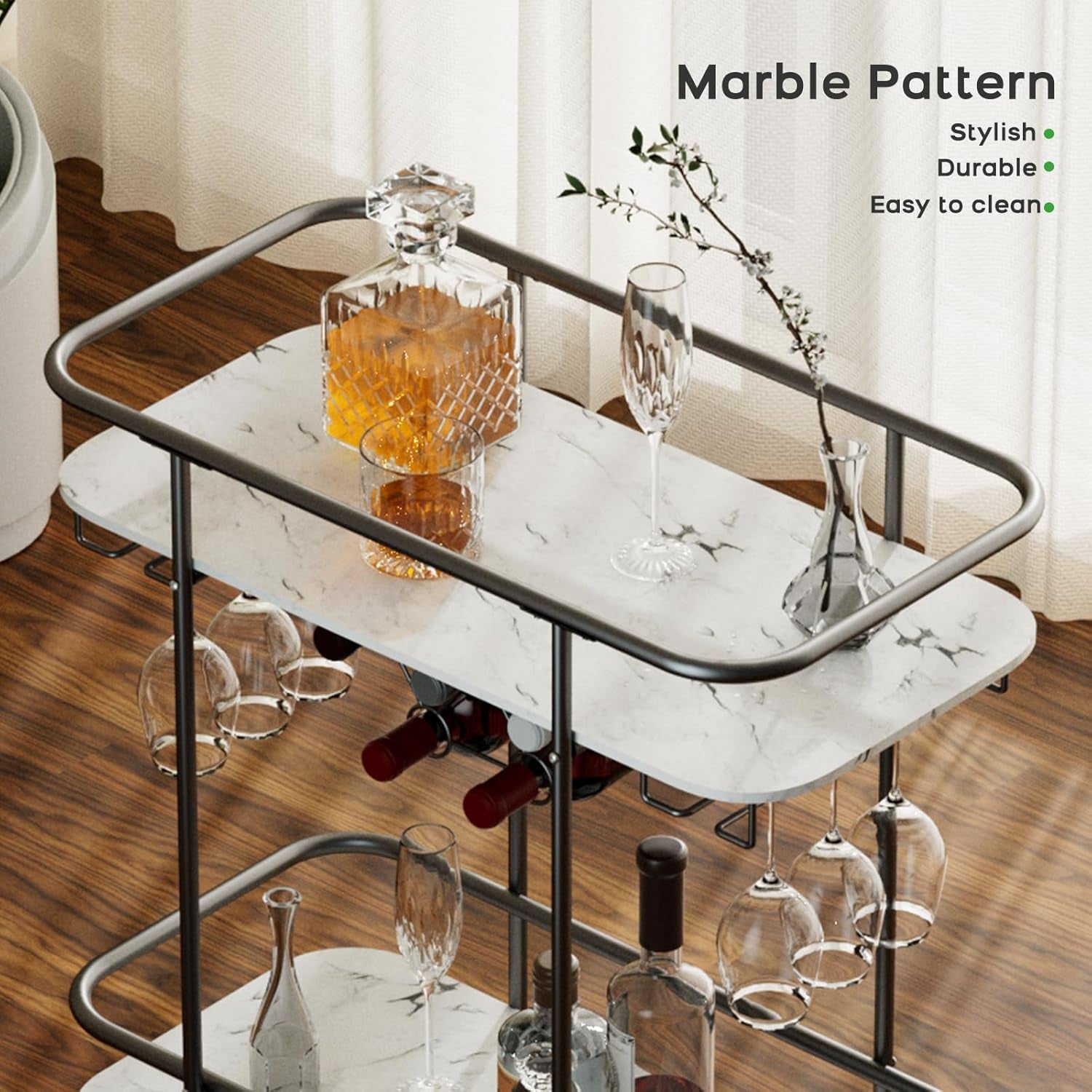 Black Home Bar Cart on Wheels, Mobile Serving Wine Cart with Glass Holder and Wine Rack, Modern Rolling Drink Trolley for Coffee Tea Wine, Beverage Bar Cart for Dinning Room Kitchen Party Black