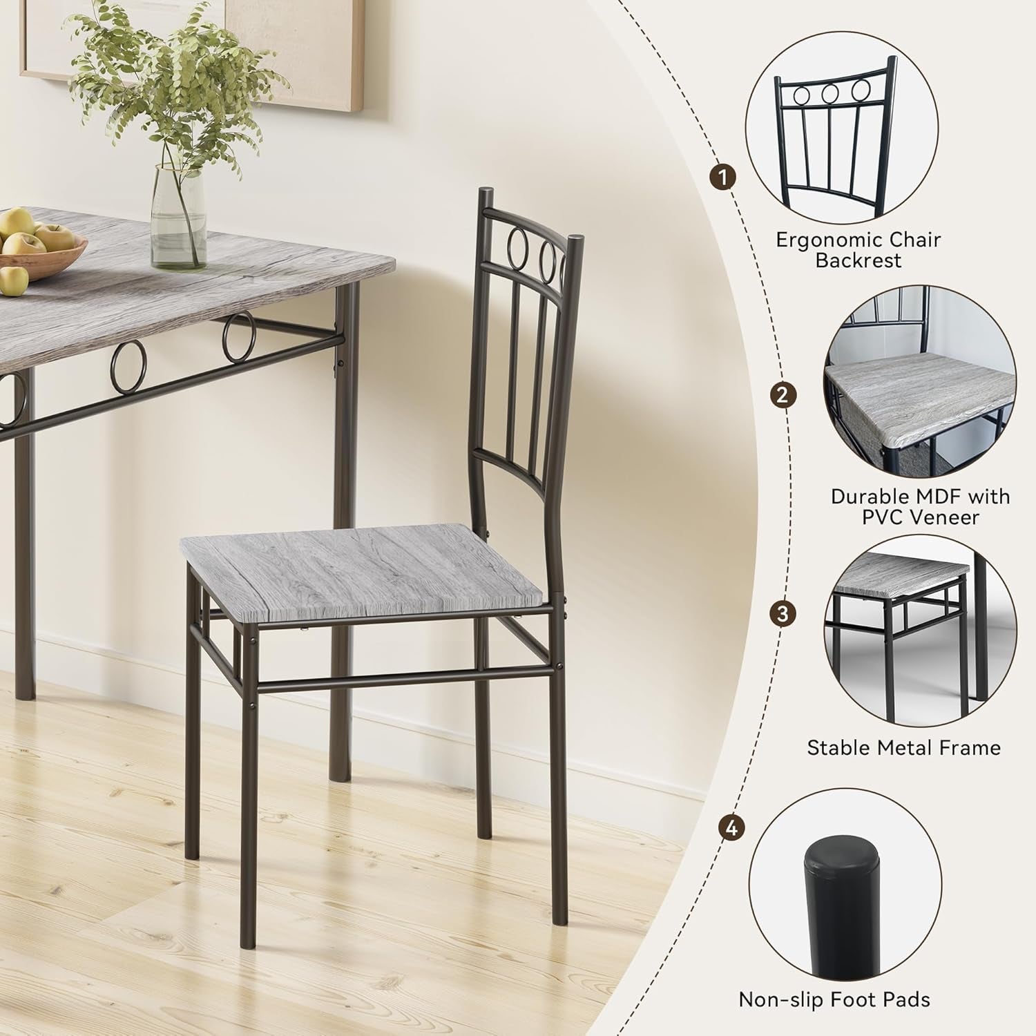 Rectangular Dining Room Table Set with 4 Chairs, Space-Saving Kitchen Table Set for Small Space, Retro Grey