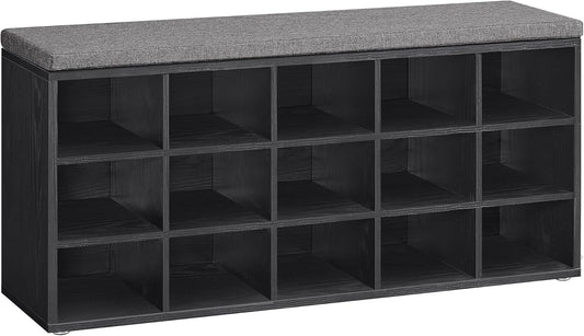 CUSTOS Collection - Shoe Bench, Storage Bench with Padded Seat, Entryway Bench with 15 Compartments, for Bedroom, 11.8 X 41.3 X 18.9 Inches, Ebony Black and Slate Gray ULHS015B02
