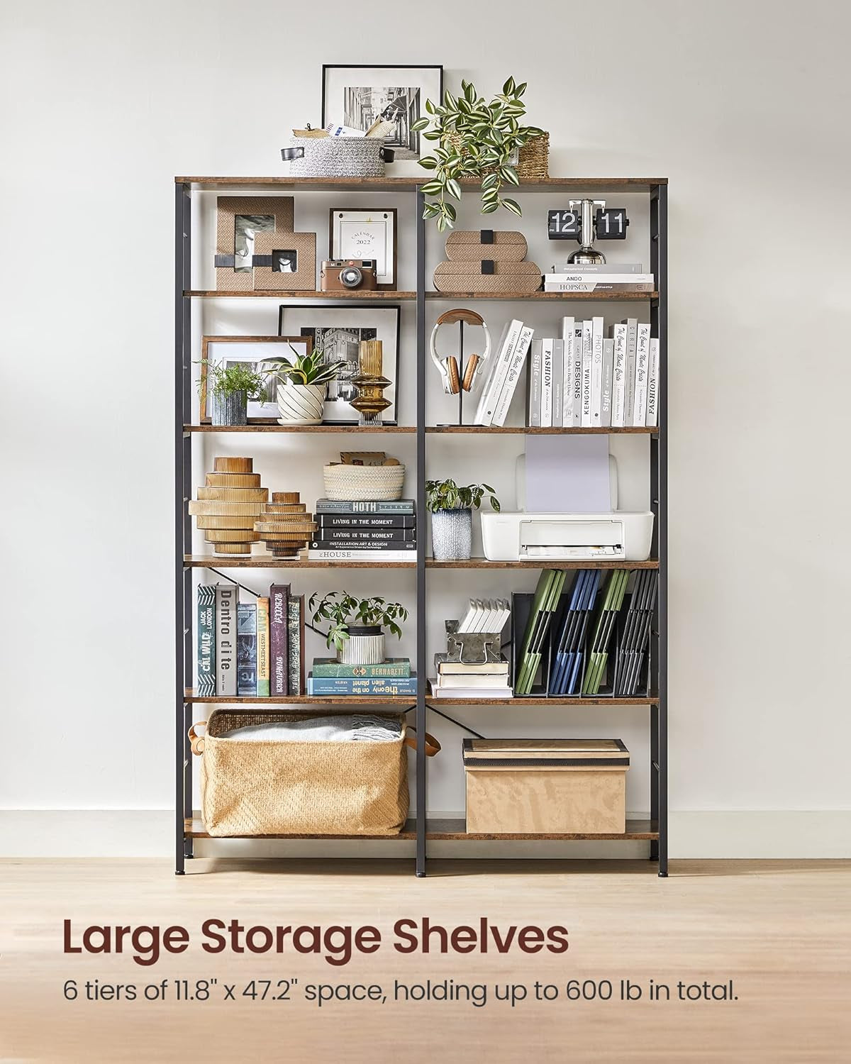 6-Tier Tall Bookshelf, Bookcase, Large Metal Shelf, 11.8 X 47.2 X 67.9 Inches, for Living Room, Kitchen, Pantry, Study, Home Office, Rustic Brown and Black ULLS114B01