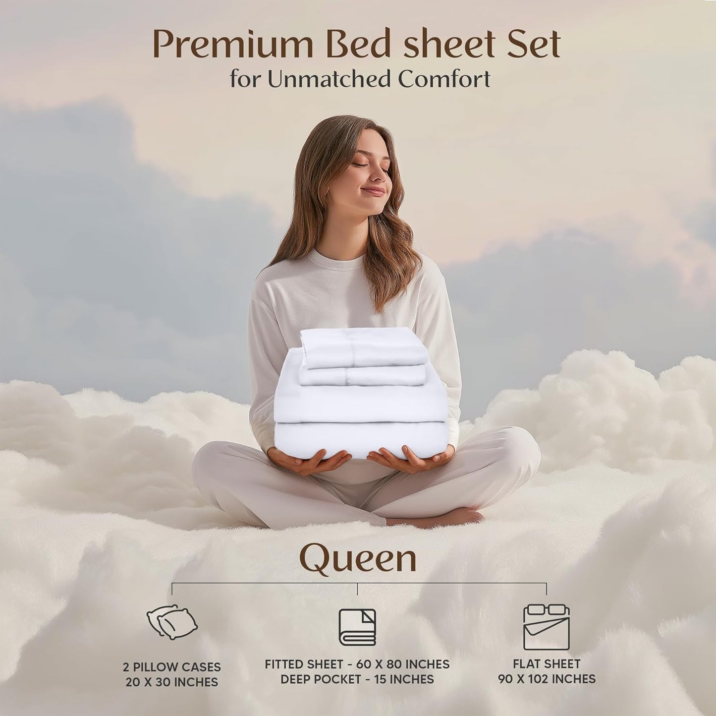 Queen Sheet Set 4 Piece Bed Sheets for Queen Size Bed, Hotel Luxury, Extra Soft, Cooling Bed Sheets - Wrinkle, and Fade Resistant (White)