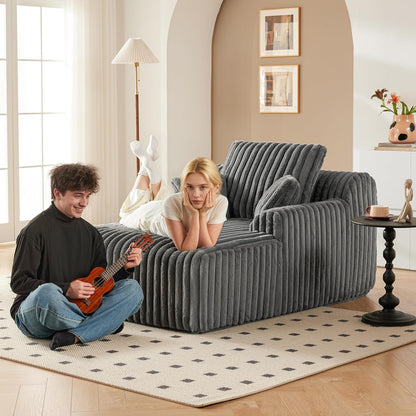 63" Oversized Chaise Lounge Chair Indoor, Boneless Couch Chair with 3 Pillows, Comfy Reading Chair with Wide Arms, No Assembly Required Corduroy Couch, Sleeper Sofa for Living Room, Gray