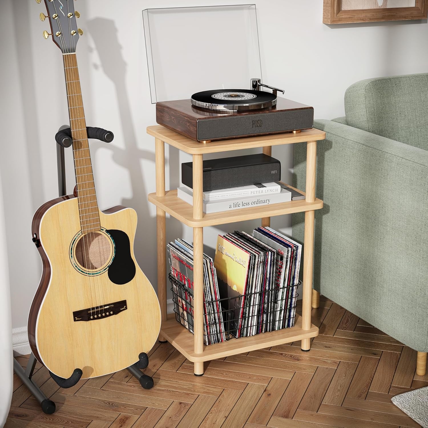 3 Tier End Table, Record Player Stand with Storage Shelf, Wooden Vinyl Record, Nightstand Bedside Table for Small Spaces, Bedroom, Living Room, Easy Assembly, Natural