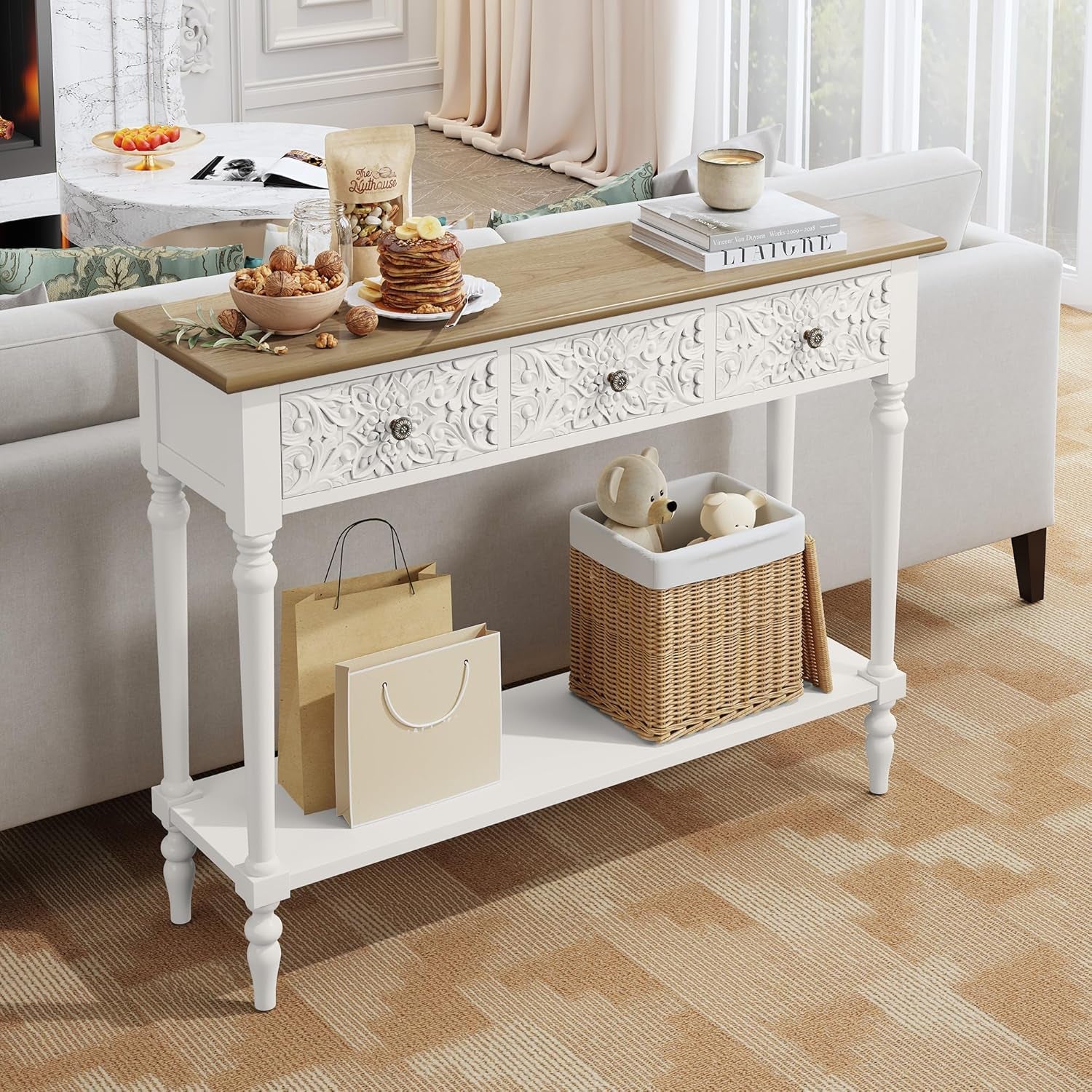 Entryway Console Table with 3 Drawers，42" Carved Hallway Table with Open Shelf，Long Sofa Table for Living Room, Hallway, behind Couch,White