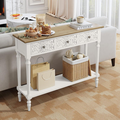 Entryway Console Table with 3 Drawers，42" Carved Hallway Table with Open Shelf，Long Sofa Table for Living Room, Hallway, behind Couch,White