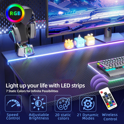 Gaming Desk with Power Outlets & LED 40 Inch Ergonomic Computer Carbon Fiber Surface Gamer Desk, PC Workstation with Headphone Hook for Bedroom, Kids Desk Gift for Boys, Black