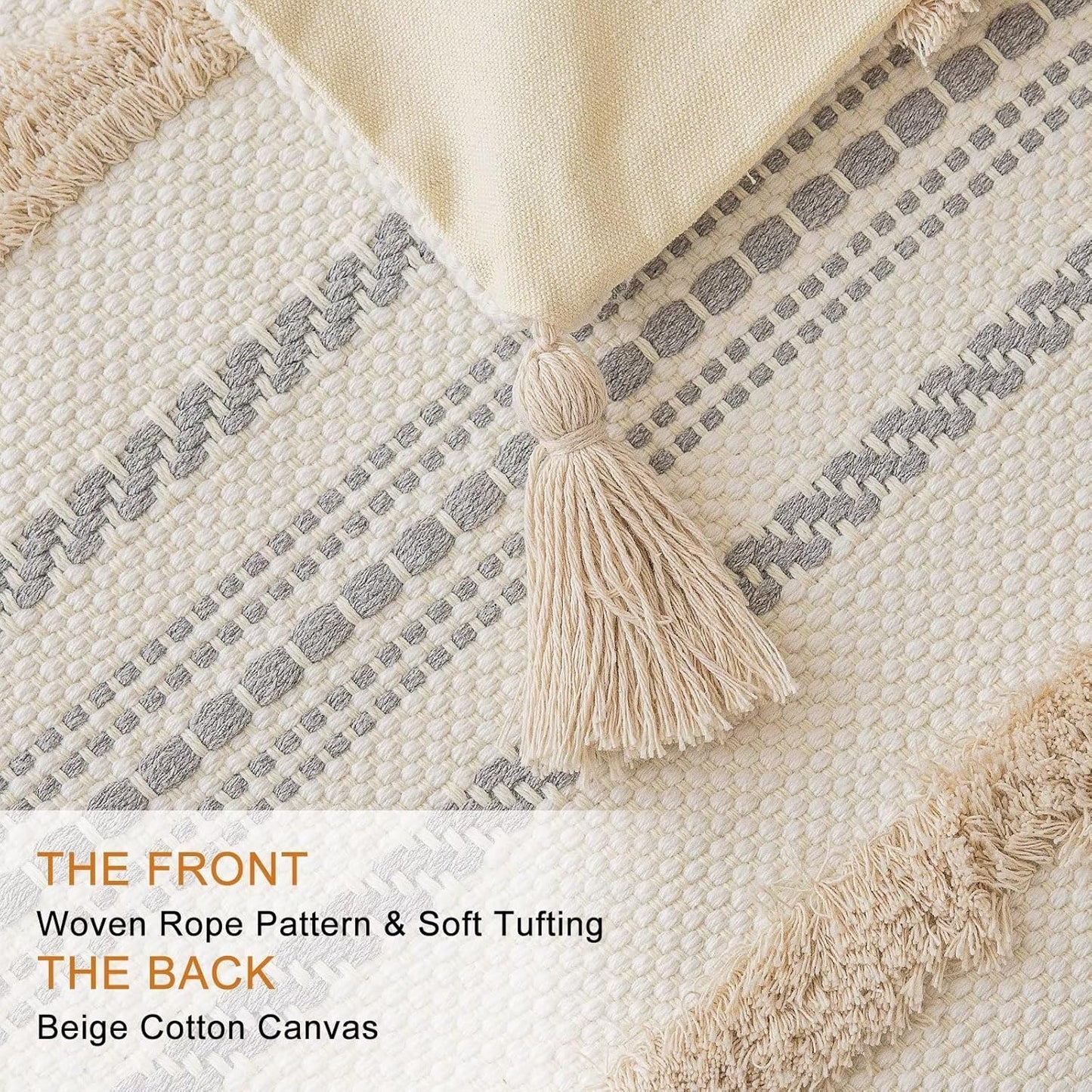 Boho Throw Pillow Covers 18X18 Set of 2 Woven Tufted Farmhouse Pillows Cover with Tassels Textured Striped Cushion Case Neutral Pillow Cases Decorative Pillowcase for Sofa, Couch, Bed, Khaki