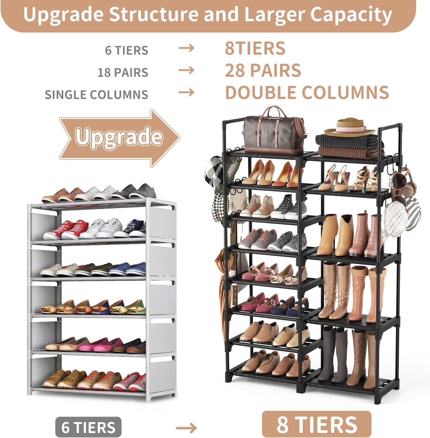Shoe Rack Organizer, 8-Tier Metal Shoe Rack for Closet Entryway Garage, 26-32 Pairs Tall Shoe Boot Storage Shelf with 15 Hooks, Stackable Large Shoe Stand