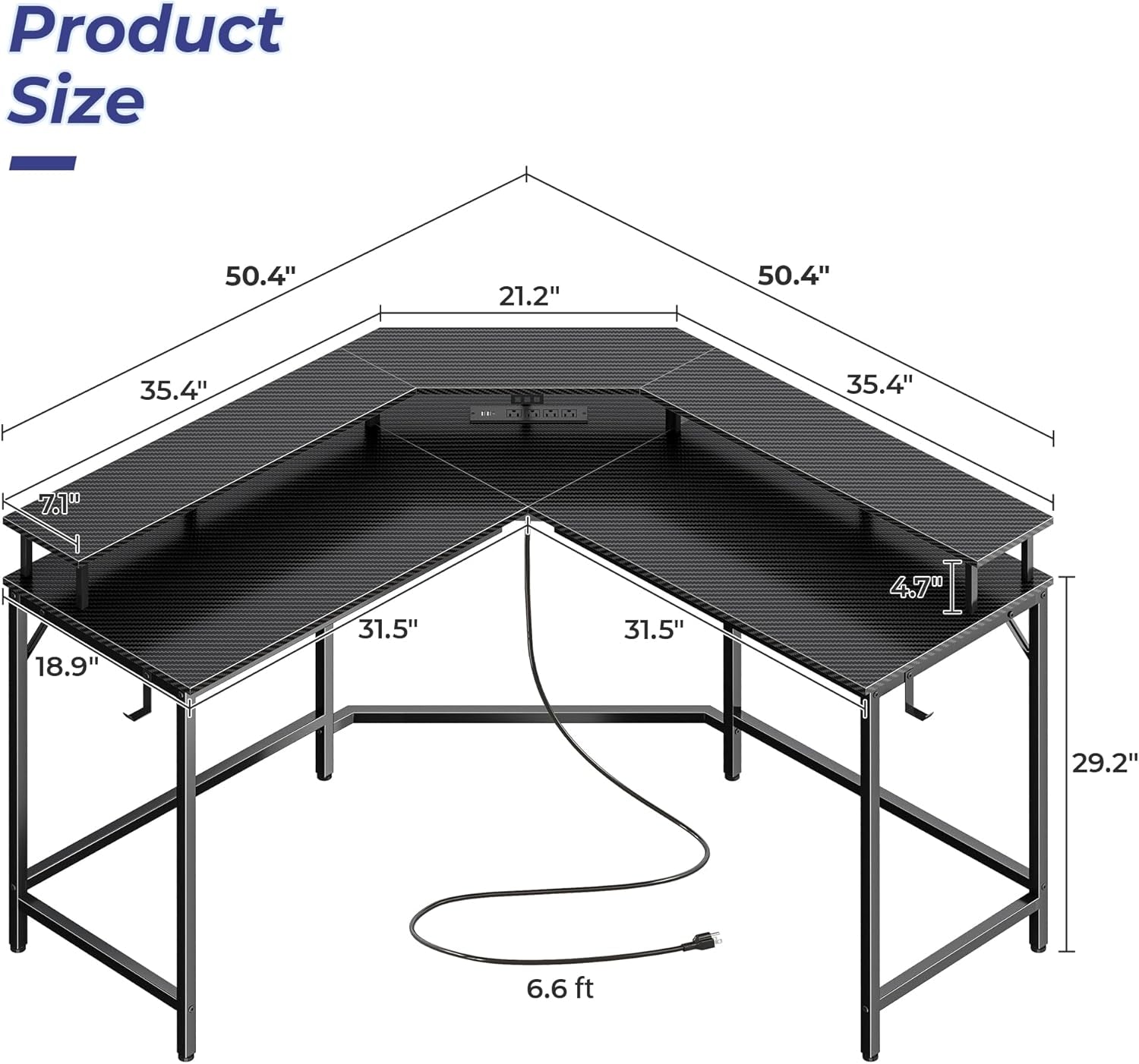 L Shaped Gaming Desk with Power Outlets & LED Lights, Computer Desk with Monitor Shelves, Carbon Fiber Surface, Home Office Desk, Corner Gaming Desk with Hooks, Carbon Fiber Black