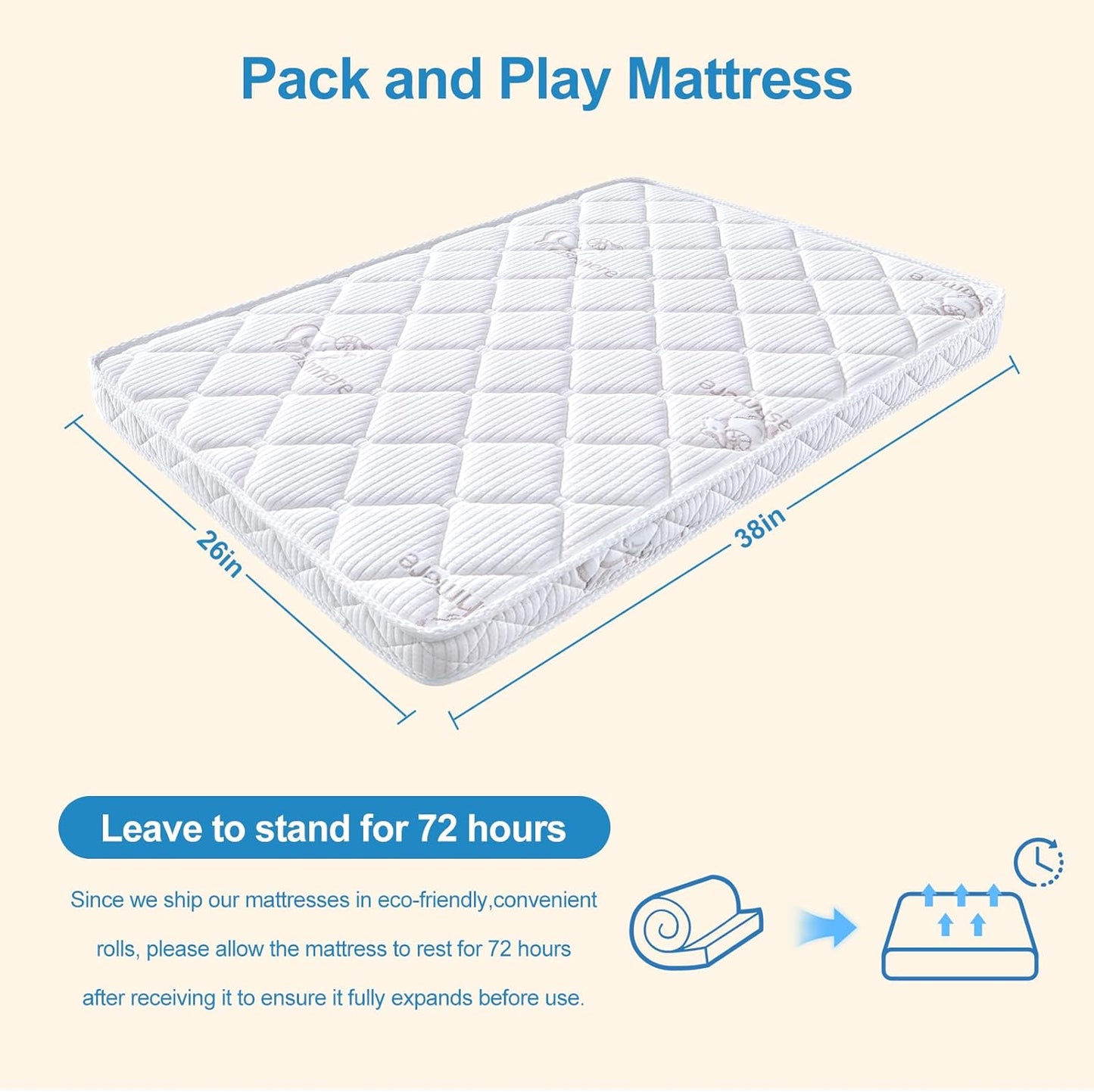 Pack and Play Mattress (38 “X26 ”X1.5),Skin Friendly Fabric, Soft, Breathable and Quiet, Provides Baby Friendly Support and Helps Healthy Spine Development,Pack and Play Topper.