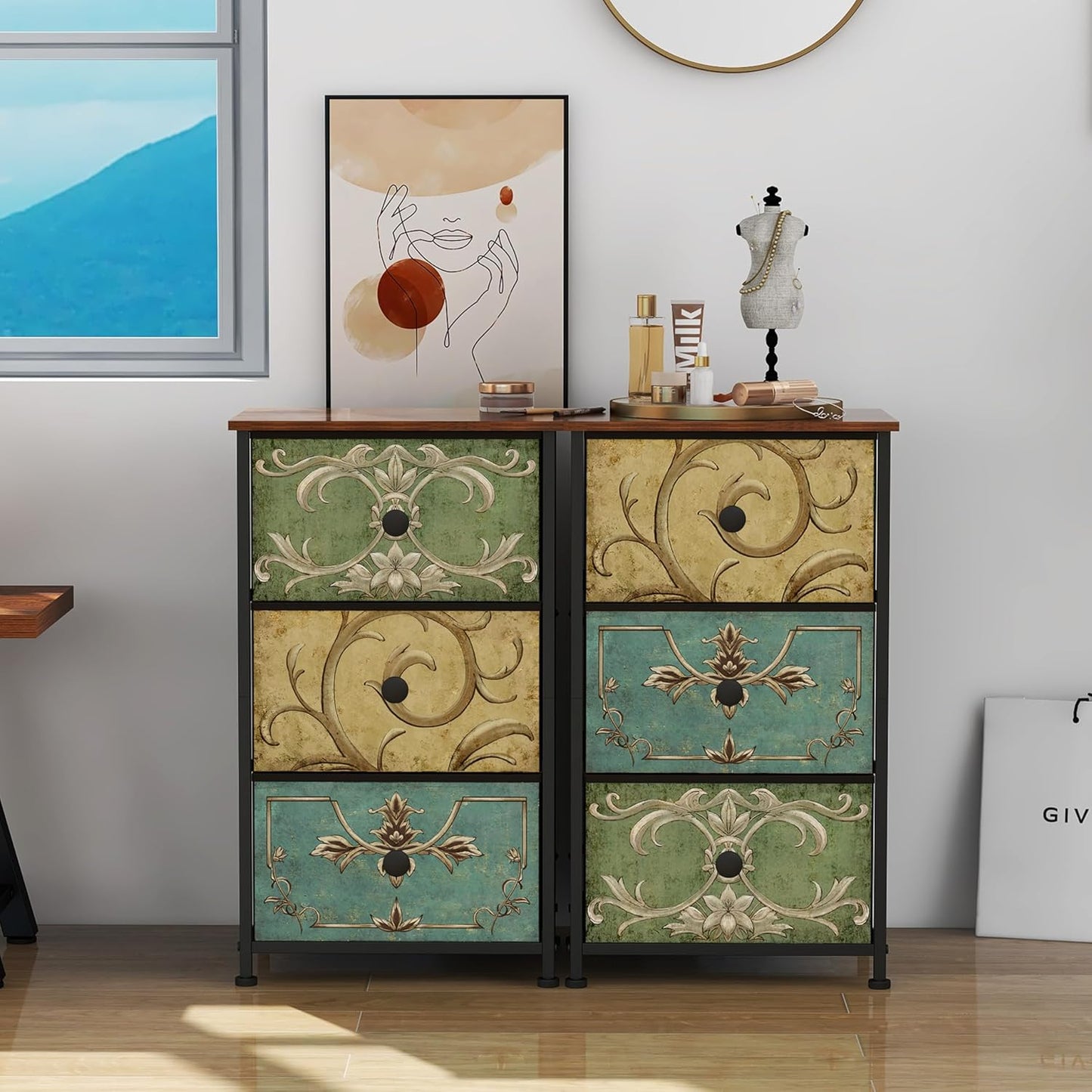 Small Dresser for Bedroom with Retro Flower Narrow Drawers Slim Chest of Drawers Skinny Nightstand Sofa End Table for Living Room Entryway Closet Storage (Multi, 3 Drawers)