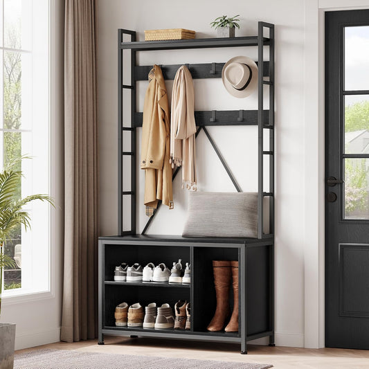Hall Tree with Bench and Coat Rack, 36.41" Entryway Shoe Bench with 17 Hooks, Drawers and Top Shelf, 5-In-1 Freestanding Storage Organizer for Entryway, Mudroom, Black