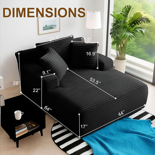 64" Oversized Chaise Lounge Chair Indoor, Corduroy Boneless Chaise Lounge Chair, Deep Seat Oversized Comfy Reading Chair Cloud Sleeper Chair Sofa Bed Boneless Couch for Living Room, Black