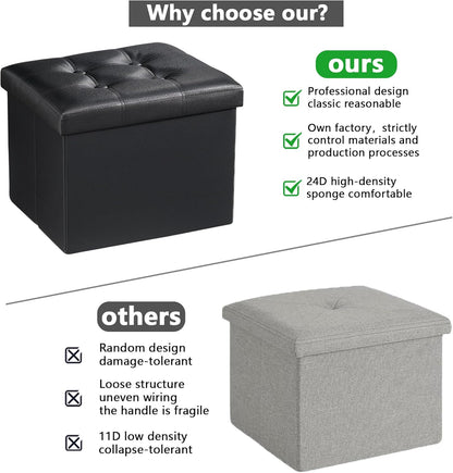 Storage Ottoman Folding Foot Rest Stool, Leather Footstool Bench, Short Ottoman Stool, Storage Foot Rest Store, Books (Black, 17" D X 13" W X 13" H)