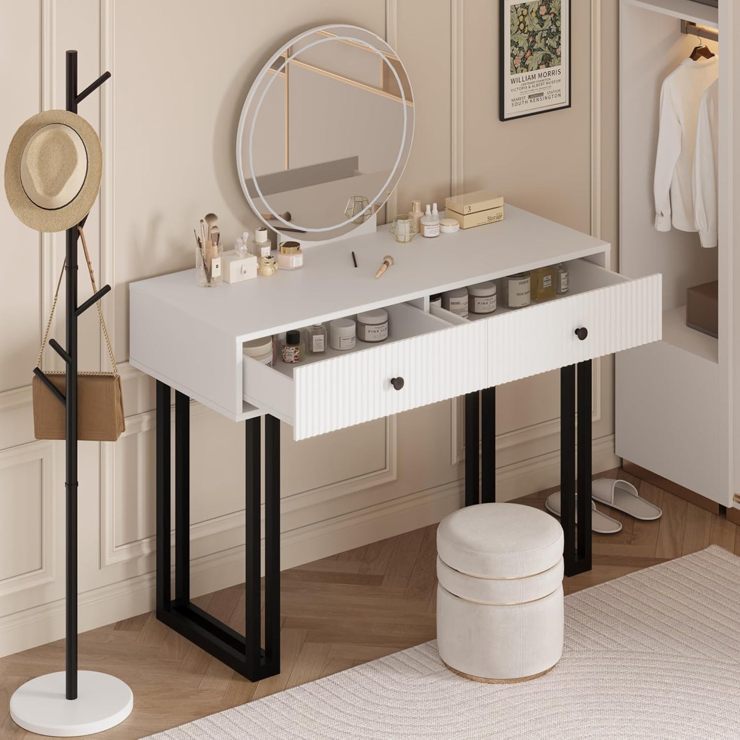 White Vanity Desk with Mirror and Lights, Small Makeup Vanity with 2 Drawers, Modern Vanity Organizer with 3 Color Lights＆Adjustable Brightness, Dressing Table for Bedroom