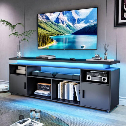 TV Stand, Entertainment Center with LED Lights and Cabinet for 70/75/80 Inch TV, Modern TV Console Gaming Media Television Stands with Power Outlets for PS5 in Living Room and Bedroom, Black