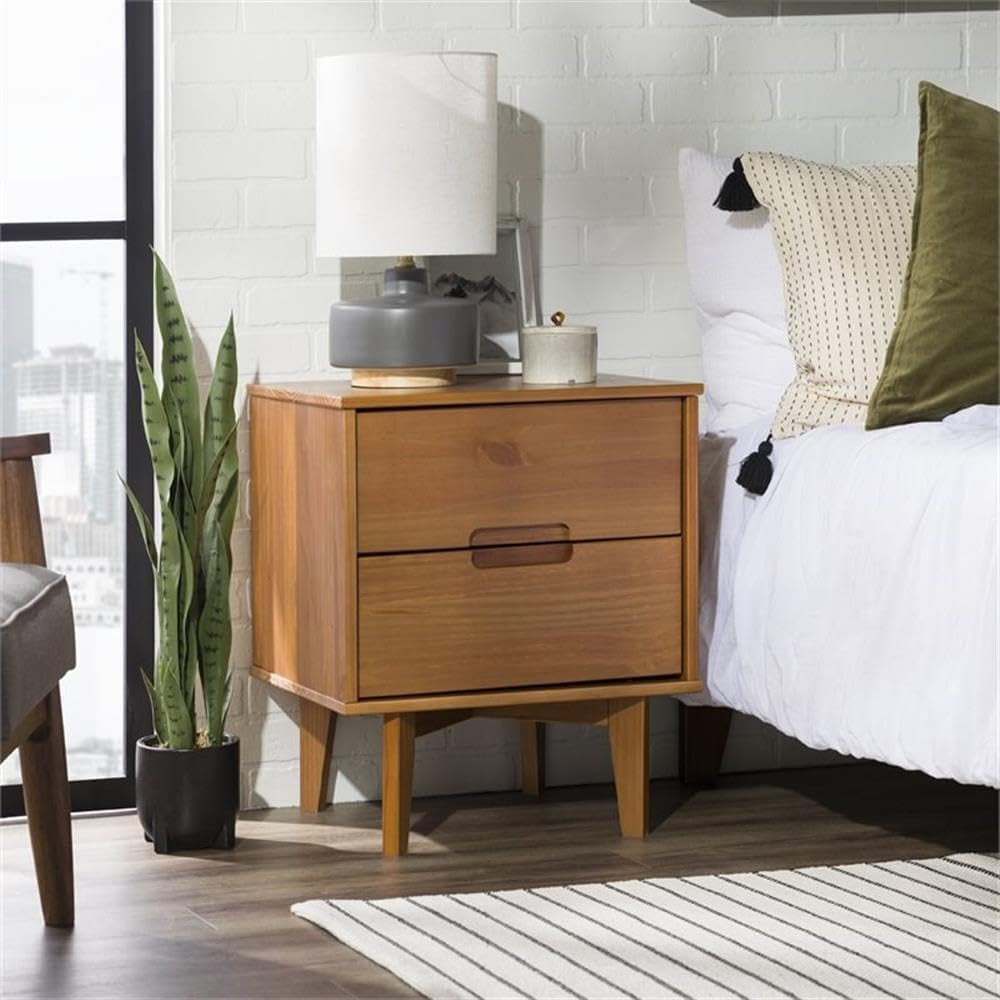 Mid Century Modern Grooved Handle Wood Nightstand Side Table Bedroom Storage Drawer and Shelf Bedside End Table, 2 Drawer, Caramel