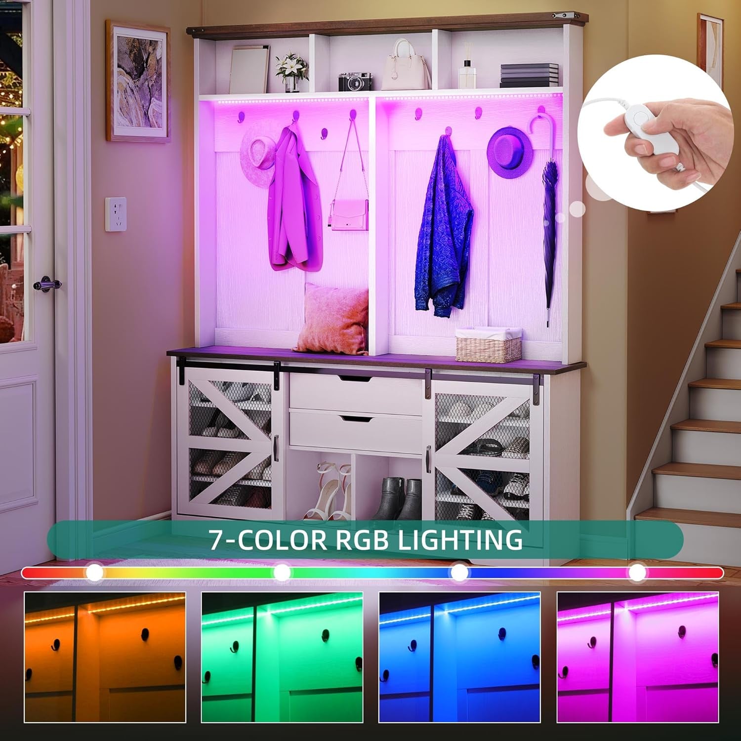 Hall Tree with Bench and Shoe Storage, Hallway Tree with Adjustable RGB LED Light, Sliding Barn Doors and 10 Hooks, Coat Rack for Front Door Entrance Entryway Mudroom Bedroom, White & Walnut