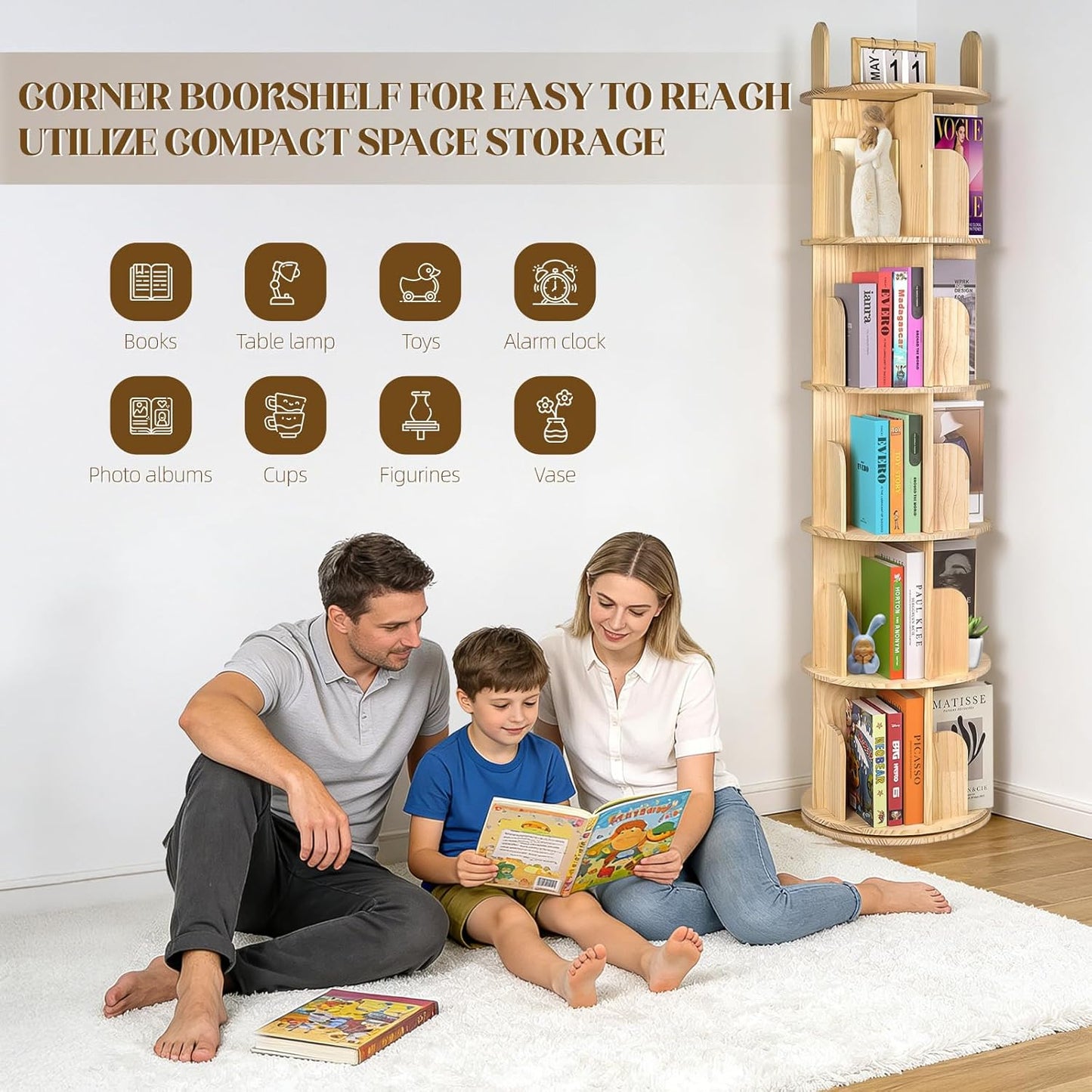 Rotating Bookshelf, Solid Pine Wood Spinning Bookshelf Tower 4 Tier, 360° Revolving Bookcase for Kids, Multi-Functiona Corner round Turning Book Shelf Organizer for Small Spaces