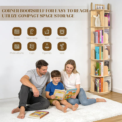 Rotating Bookshelf, Solid Pine Wood Spinning Bookshelf Tower 4 Tier, 360° Revolving Bookcase for Kids, Multi-Functiona Corner round Turning Book Shelf Organizer for Small Spaces