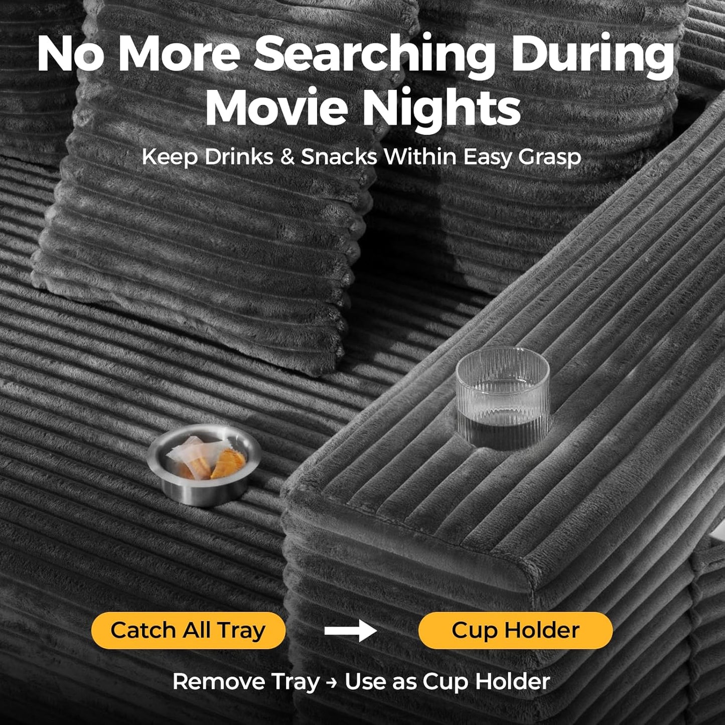 108” Cloud Sectional Couch in One Box, Compressed Modular Sectional Sofa with Deep Seat, Corduroy Boneless Couches, L-Shaped Sofa for Living Room, 4 Storage Pockets(Left Facing Chaise, Grey)