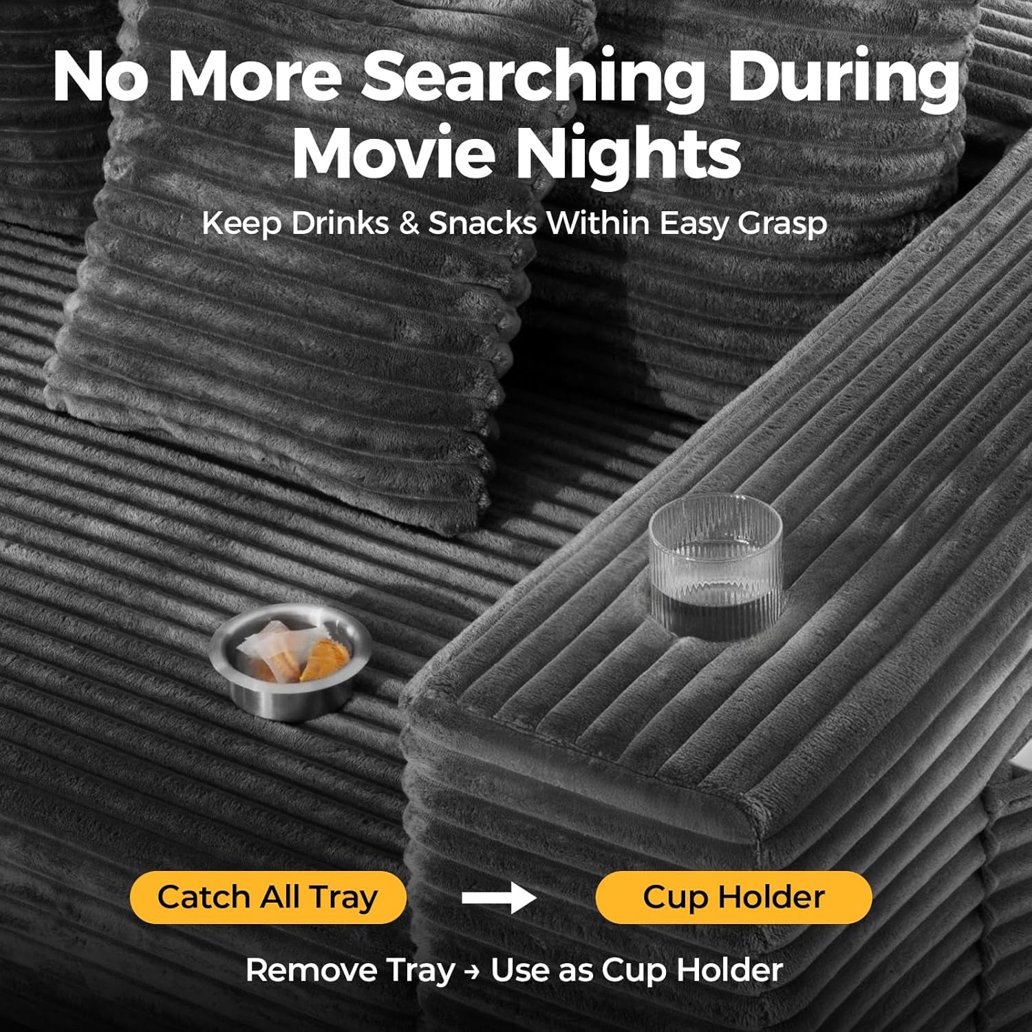 108” Cloud Sectional Couch in One Box, Compressed Modular Sectional Sofa with Deep Seat, Corduroy Boneless Couches, L-Shaped Sofa for Living Room, 4 Storage Pockets(Left Facing Chaise, Grey)