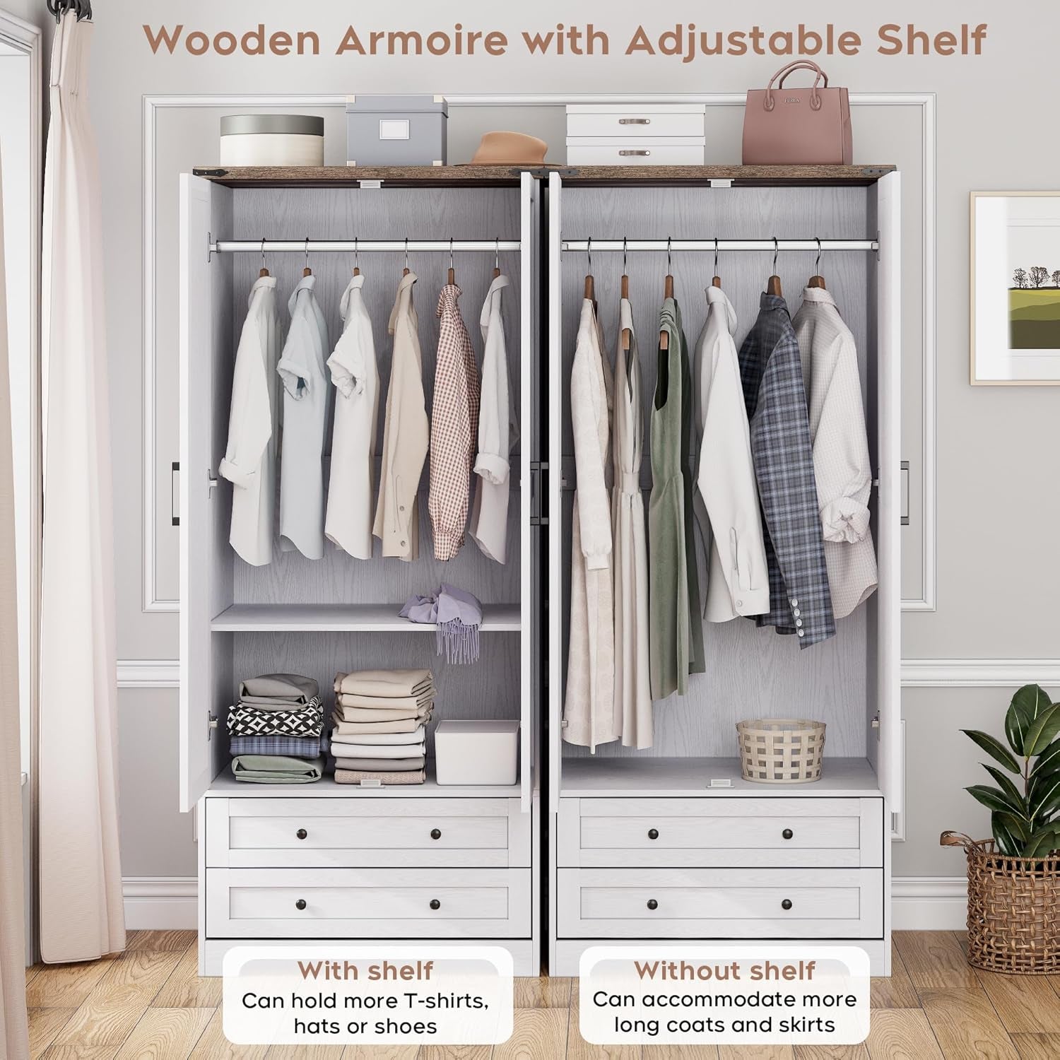Armoire Wardrobe Closet with 2 Modern Doors, 71" Tall Freestanding Closet Wardrobe Cabinet with Drawers and Hanging Rail, Light Wooden Storage Cabinet with Shelve for Bedroom (White, 2 Doors)