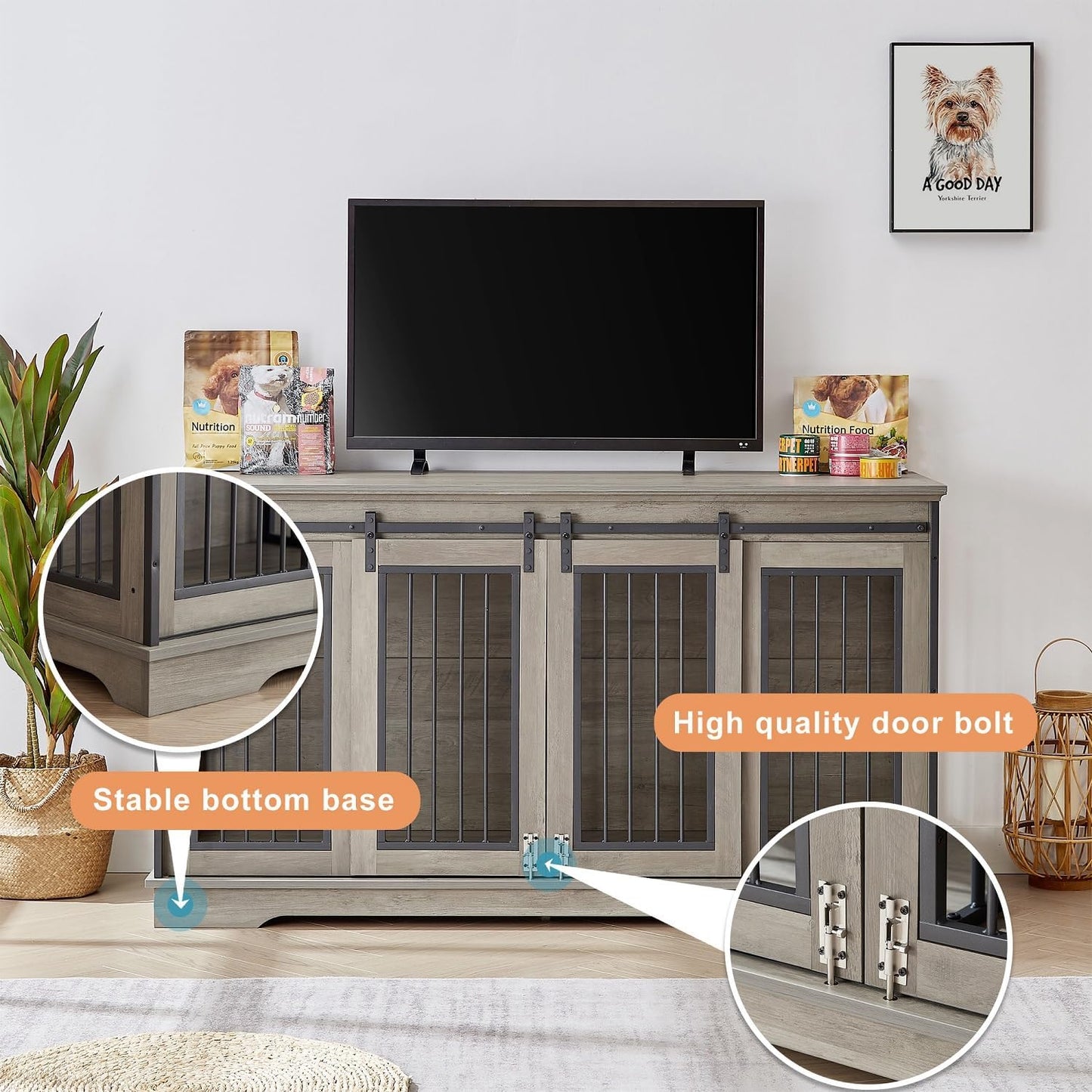 Large Wooden Dog Crate Furniture with Sliding Barn Door, 60.6" Indoor Kennel with Divider, TV Stand XXL for Large Dog or 2 Medium Dogs