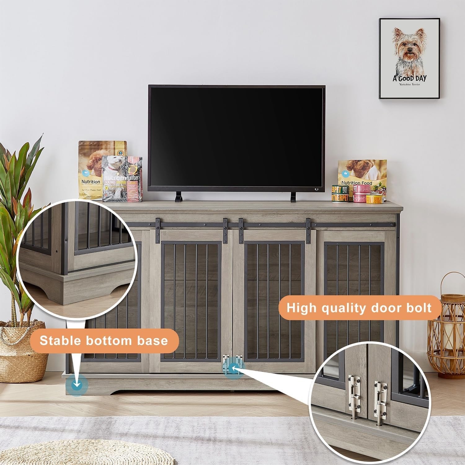 Large Dog Crate Furniture with Sliding Barn Door, 66'' Wooden Dog Kennel Indoor Pet Crate with Drawer and Divider, TV Stand XXL Dog Crate for Large Dog or 2 Medium Dogs, White