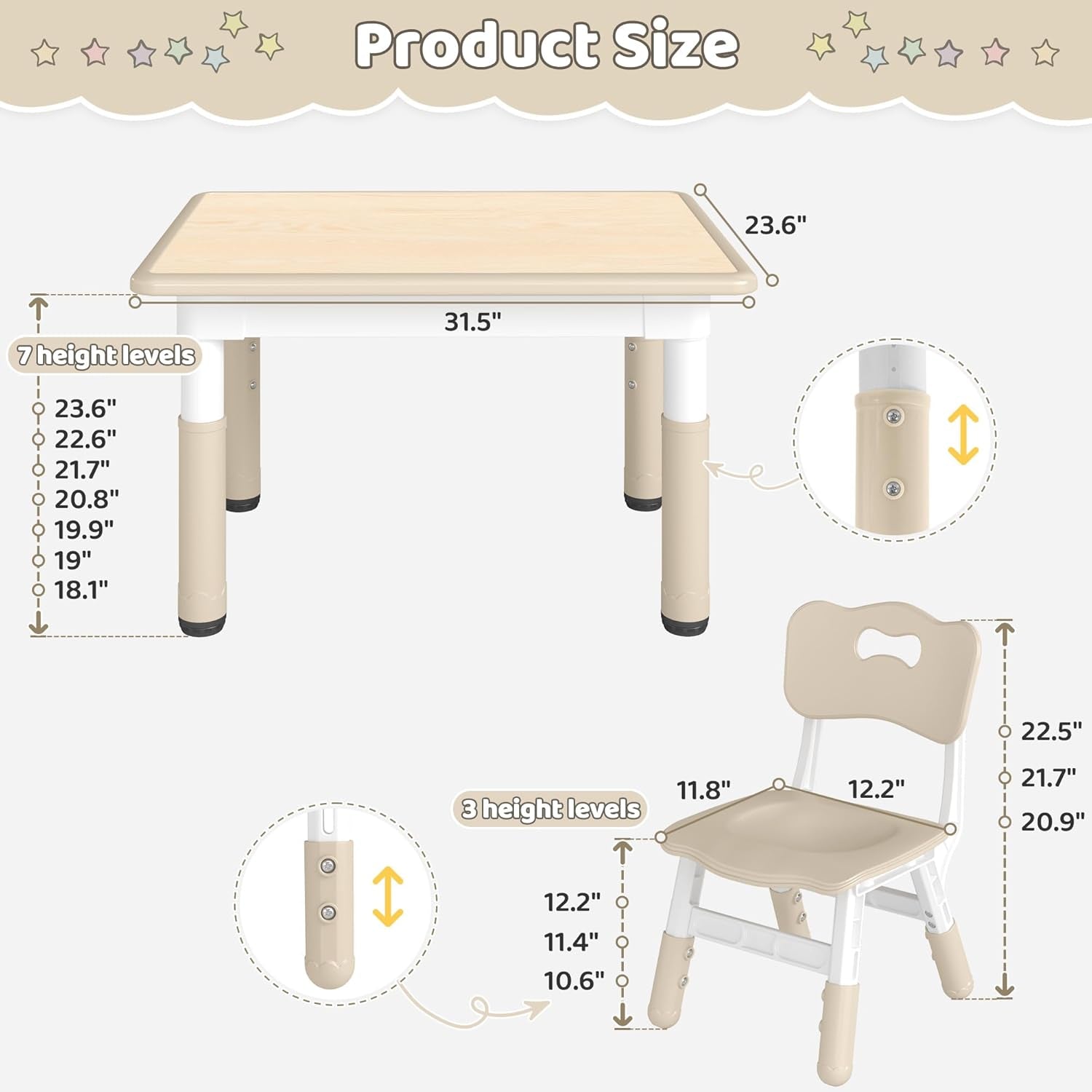 Height-Adjustable Kids Table and 4 Chairs Set, Toddler Table and Chair Set with Graffiti Desktop, 31.5''L X 23.6''W Children Activity Table for Daycare, Classroom, Home