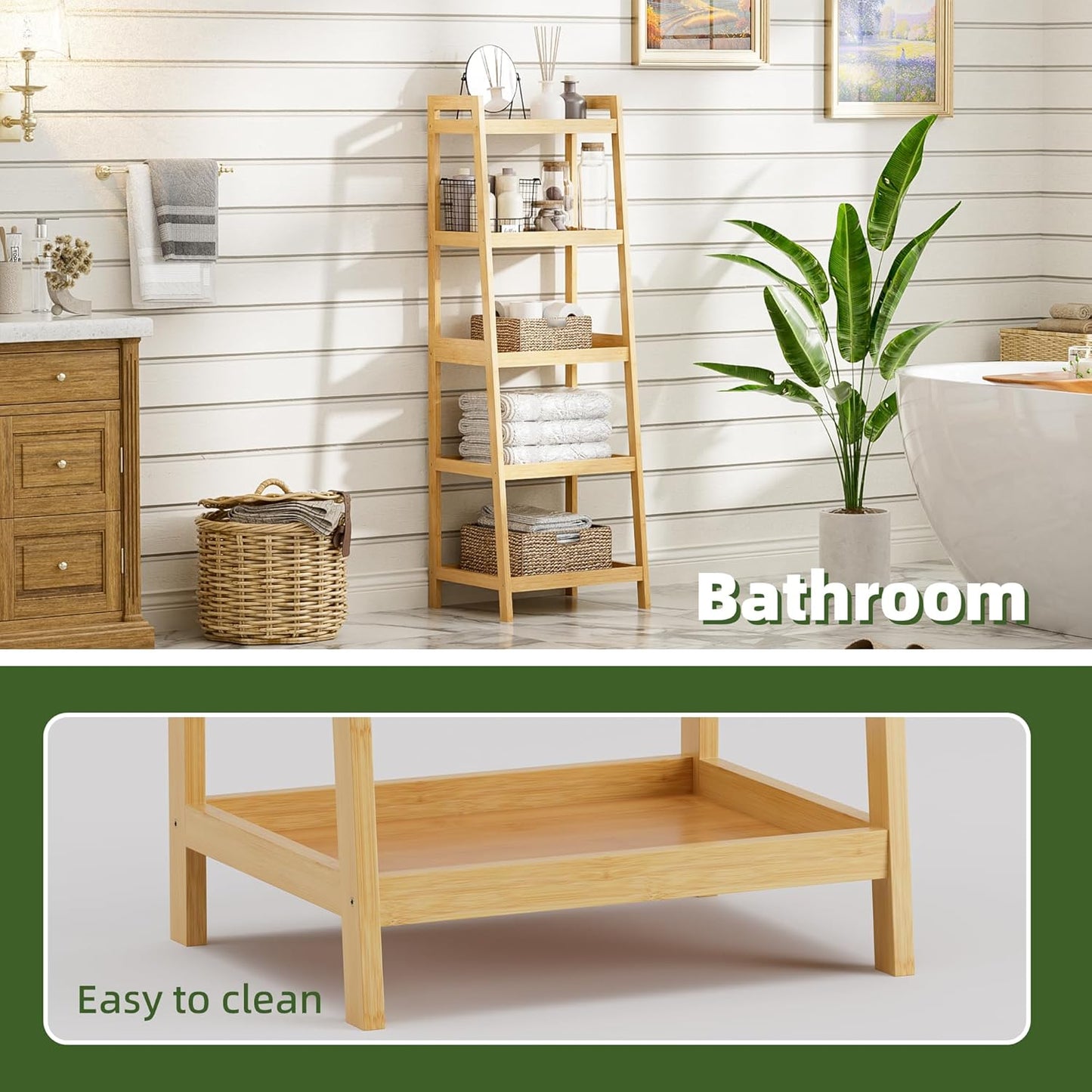 Bookshelf, 5 Tier Ladder Bookcase with Bamboo Frame, Freestanding Tall Narrow Display Plant Shelf for Living Room, Kitchen, Bedroom, Balcony, Natural