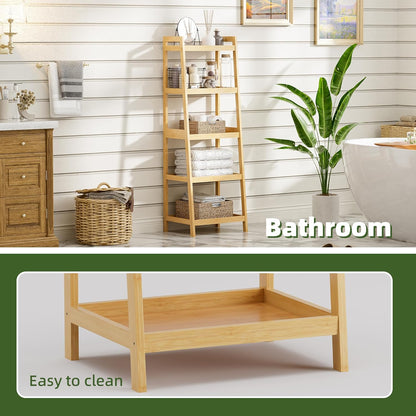 Bookshelf, 5 Tier Ladder Bookcase with Bamboo Frame, Freestanding Tall Narrow Display Plant Shelf for Living Room, Kitchen, Bedroom, Balcony, Natural