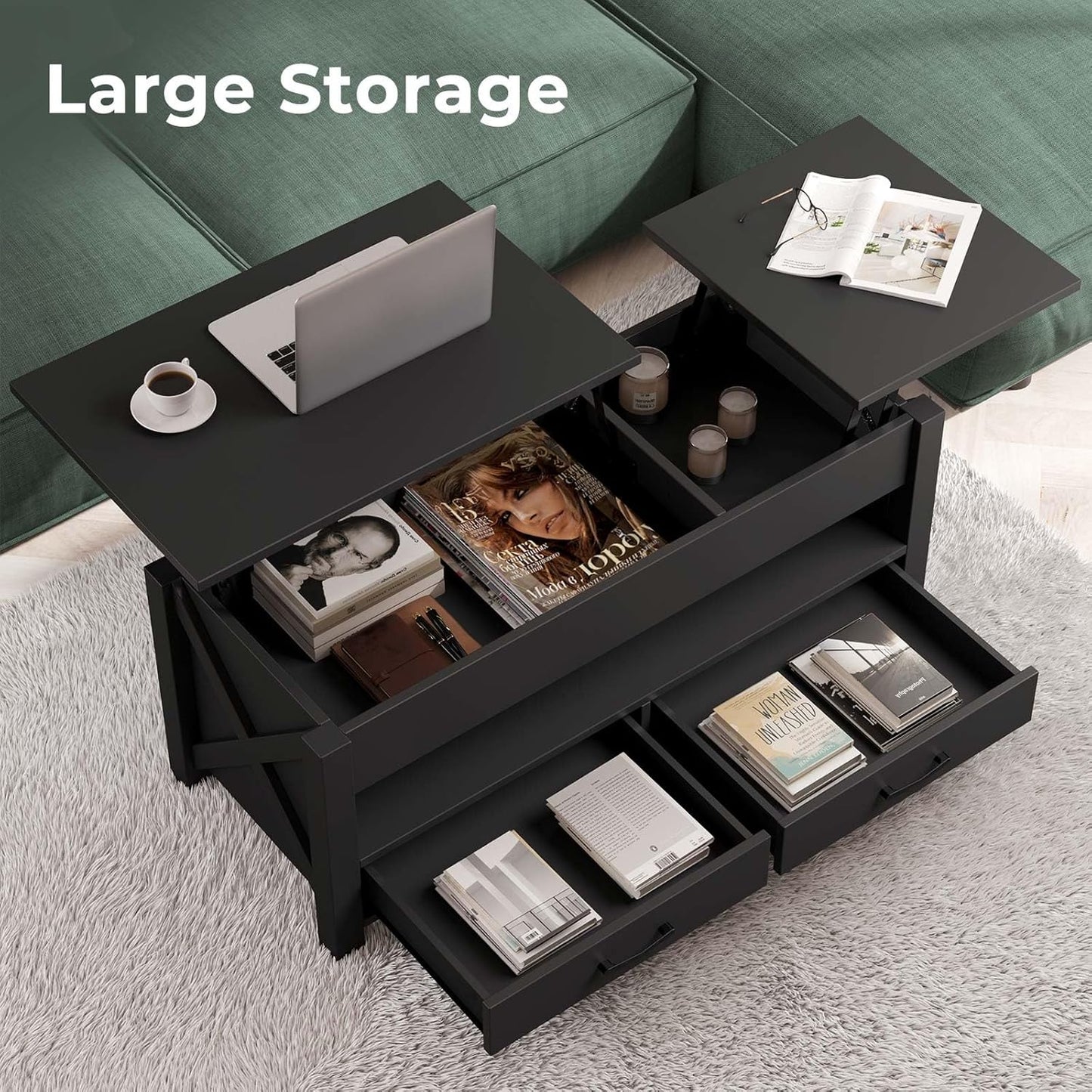 Coffee Table, 47.2" Lift Top Coffee Table with 2 Storage Drawers and Hidden Compartment, X Wood Farmhouse Support, Retro Center Table with Lift Tabletop for Living Room,Black