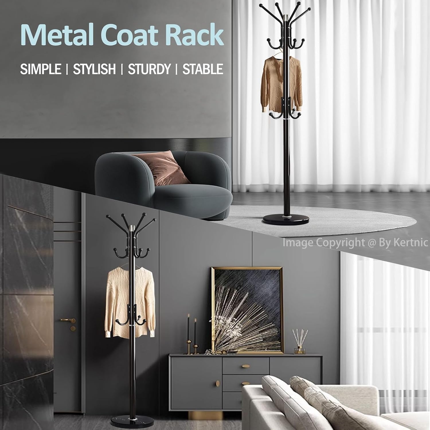 Modern Coat Rack Freestanding with Natural Marble Base & Sturdy Metal Frame, 11 Hooks Hall Tree for Jackets, Hats, Bags, Entryway Organizer for Bedroom, Living Room, Closet (Black)