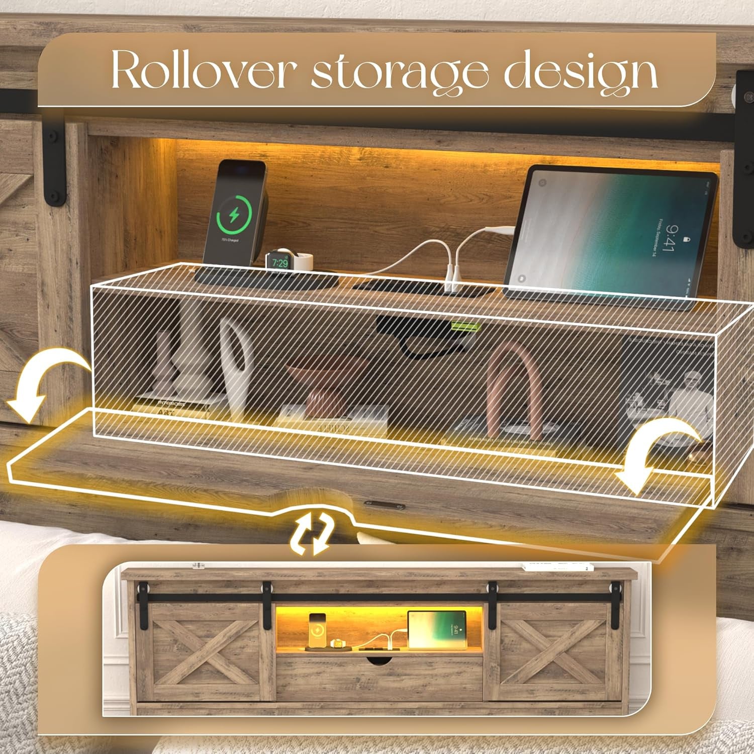 Farmhouse Queen Size Bed Frame with Storage Bookcase Headboard, Wooden Bed with LED Lights, Charging Station, 2 Drawers, Rustic Bed Frame with Sliding Barn Door for Bedroom (Grey Oak, Queen)