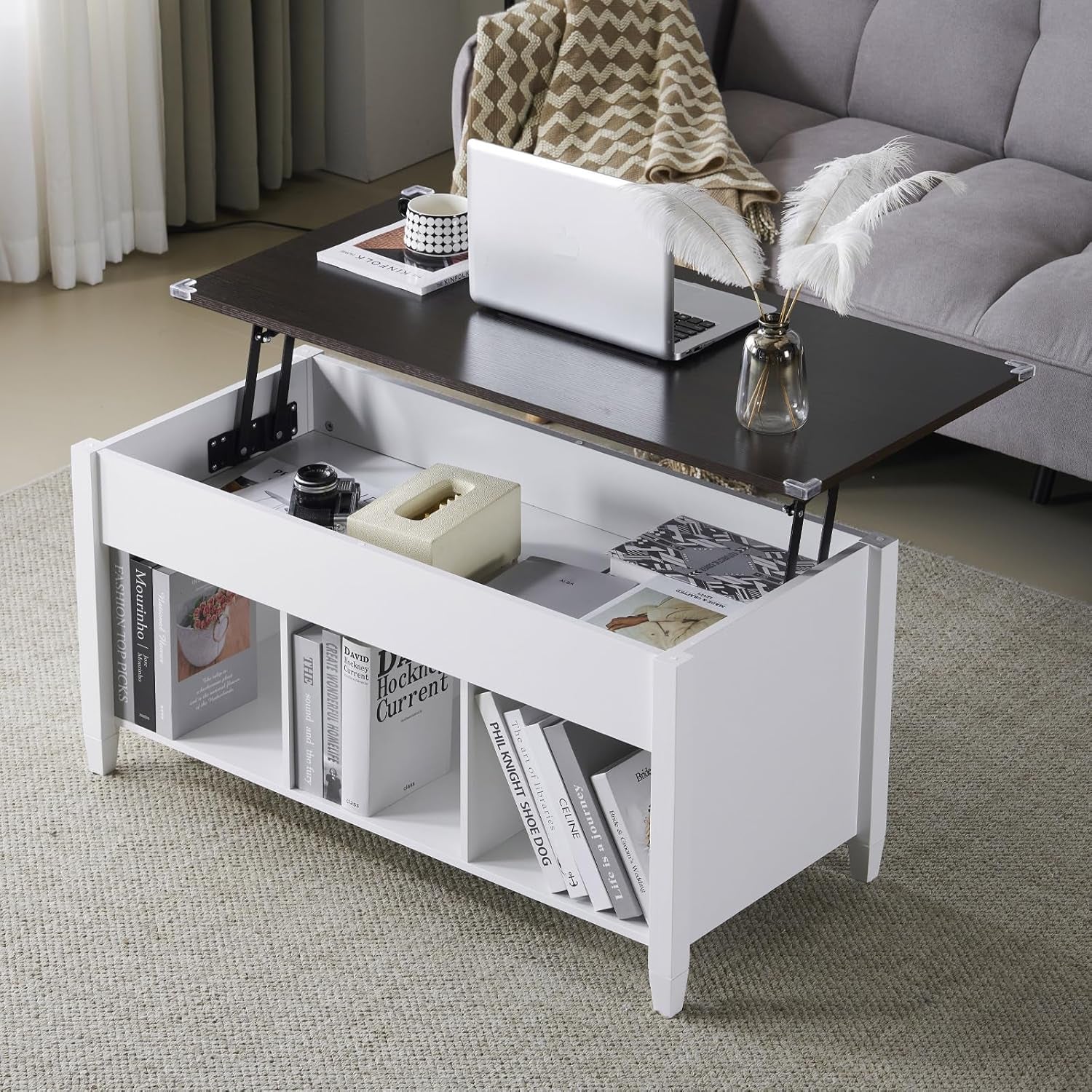 Farmhouse Lift Top Coffee Table, Rustic Grey with Storage Shelf/Hidden Compartment, Mesa De Centro Para Sala, Rustic Brown (White Brown, 40" L)