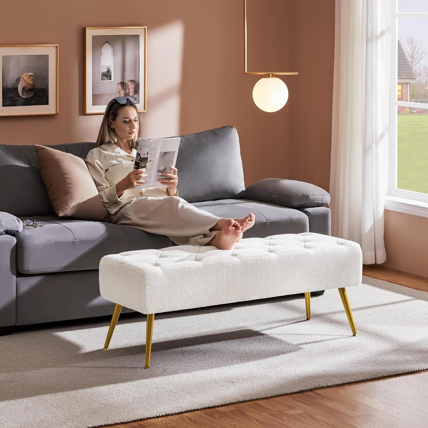 Modern Ottoman Bench Boucle Bench Upholstered Footrest for Living Room with Gold Metal Legs and Padded Seat Ivory
